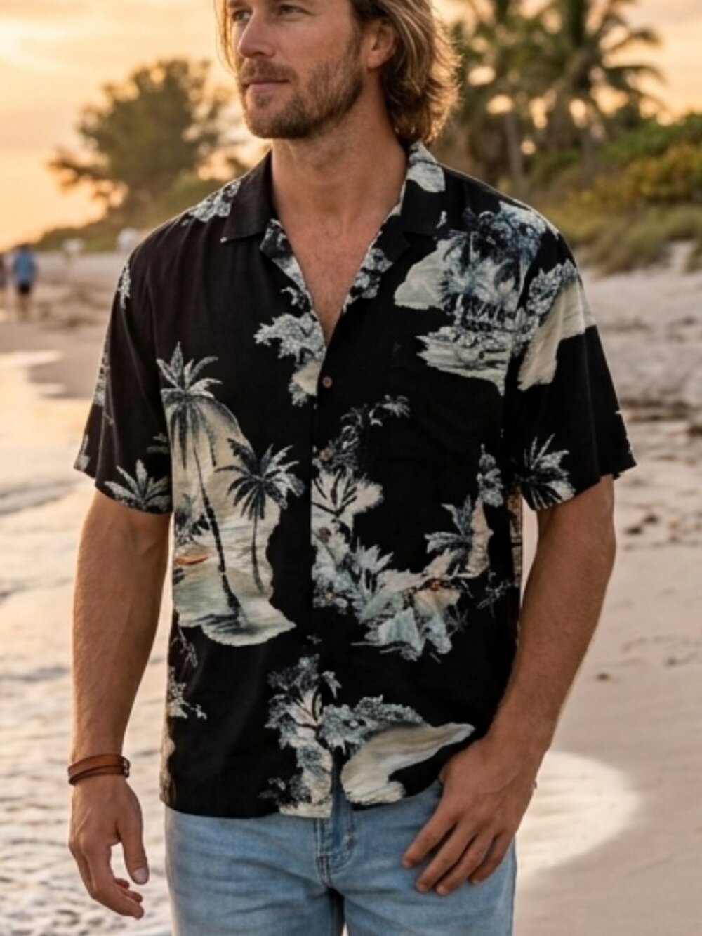 Vintage Tommy Bahama 100% Silk Black Scenic Palm Tree Camp Shirt
